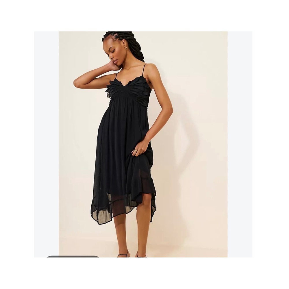Anthropologie Butterfly Midi Dress Black Ruffle Smocked L whimygoth fairycoe